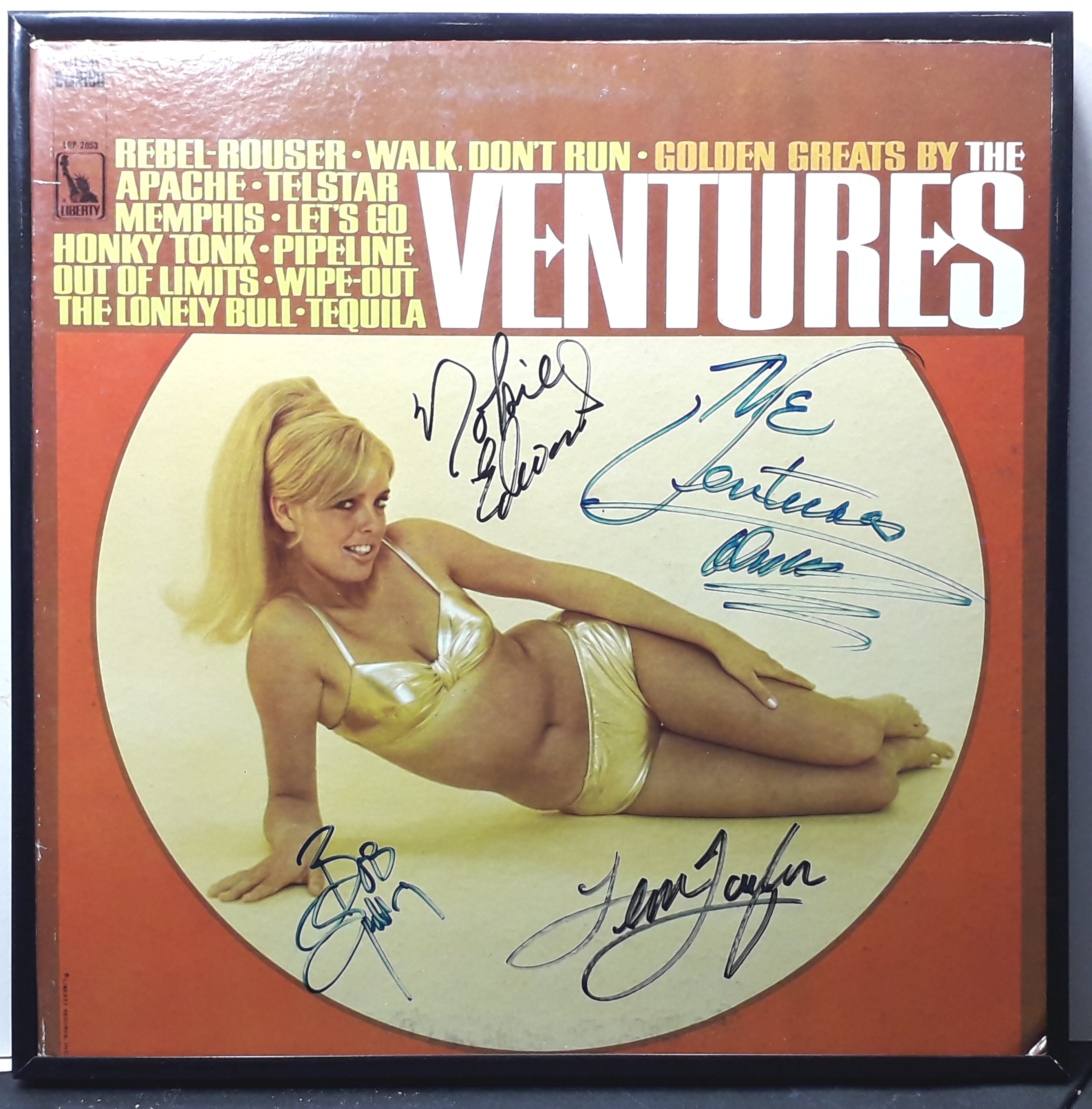 The Ventures - Signed LP Album.  Not inscribed. - Framed.