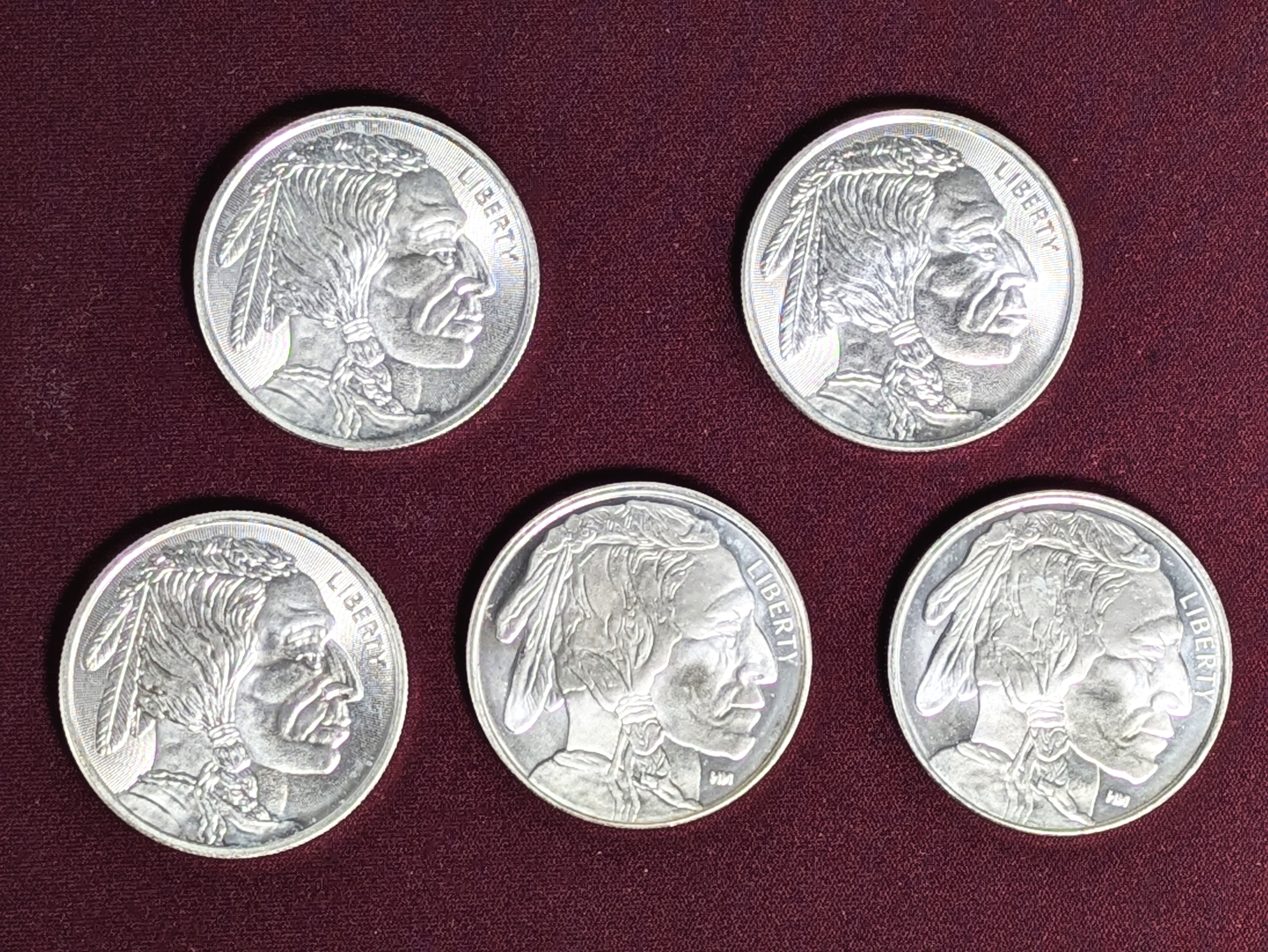 Indian Head Silver Rounds - 1 Troy Ounce .999 Fine Silver - Lot of 5